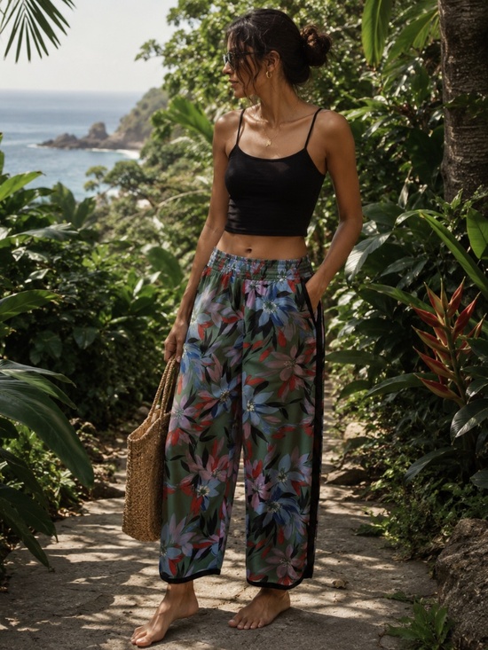 Guess Pants - GUESS Floral Wide Leg Pants | Tropical Print Pull-On Trousers | Resort Vacation